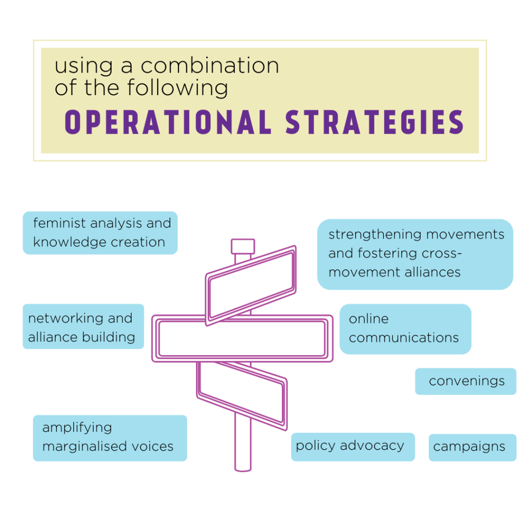 Operational Strategies used by IWRAW Asia Pacific: feminist analysis and knowledge creation; networking and alliance building; amplifying marginalised voices; strengthening movements and fostering cross-movement alliances; online communications; convenings; policy advocacy; campaigns