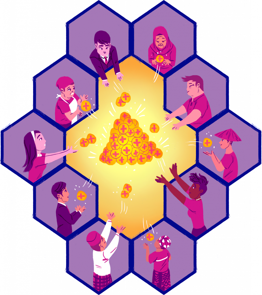 Illustration of ten people sharing money from a collective pile