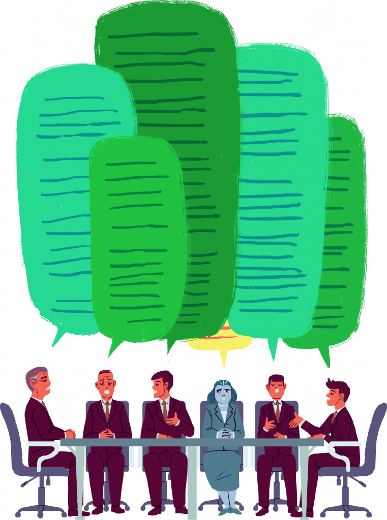 Illustration of a woman's voice being drowned out by men's at a board table