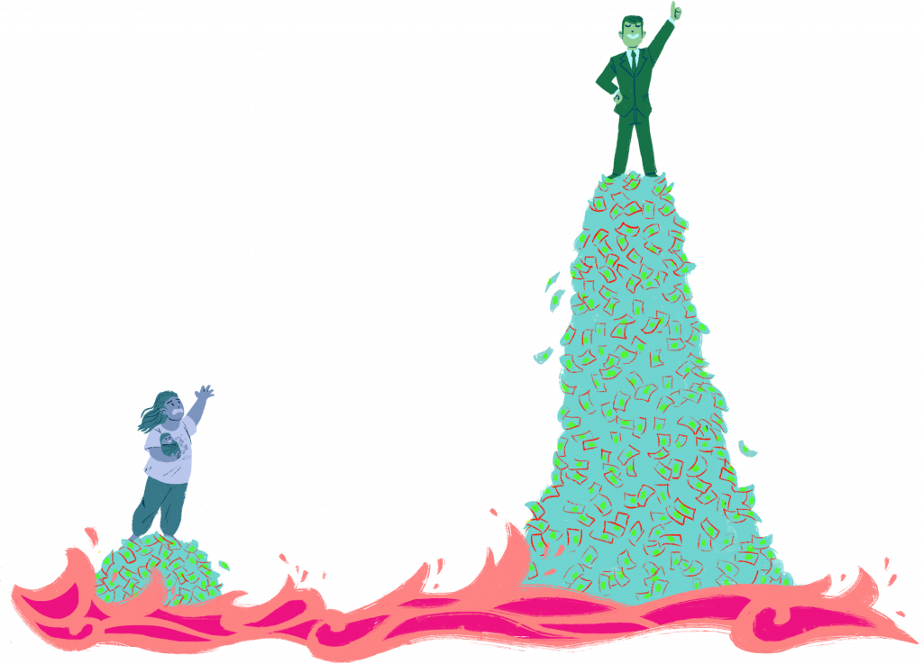 Illustration of man in suit standing triumphantly on a giant pile of money, while a desperate woman holding a small baby waves for help from a much smaller pile below