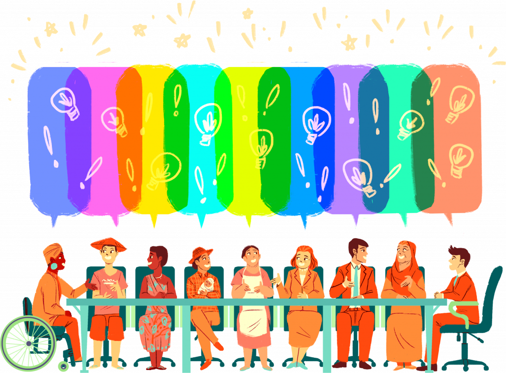 Illustration of a diverse group of smiling people seated at a long table, each with a colourful speech bubble
