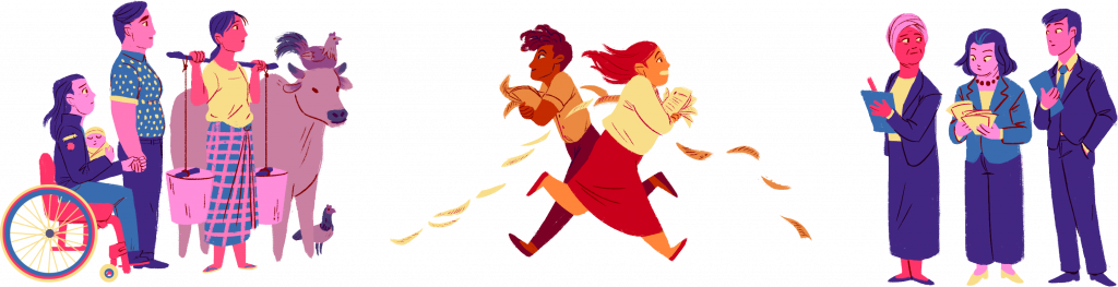 Illustration of people carrying documents between communities on the ground and the CEDAW Committee