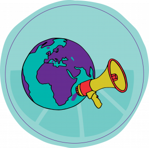 Illustration of a globe and a loudspeaker
